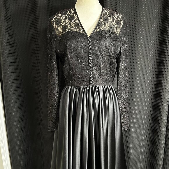 Vintage Black A-Line Dress Lace Bodice Full Heavy Weight Satin Skirt Beautiful ! - Picture 1 of 12